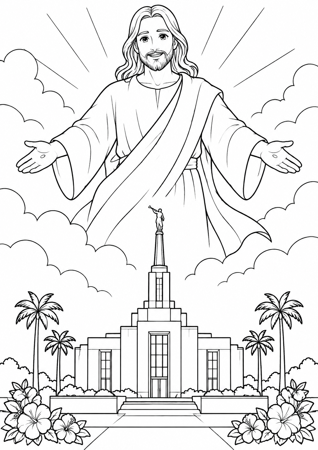 Desenho para colorir de Jesus Cristo descendo dos céus sobre o Templo de Fortaleza